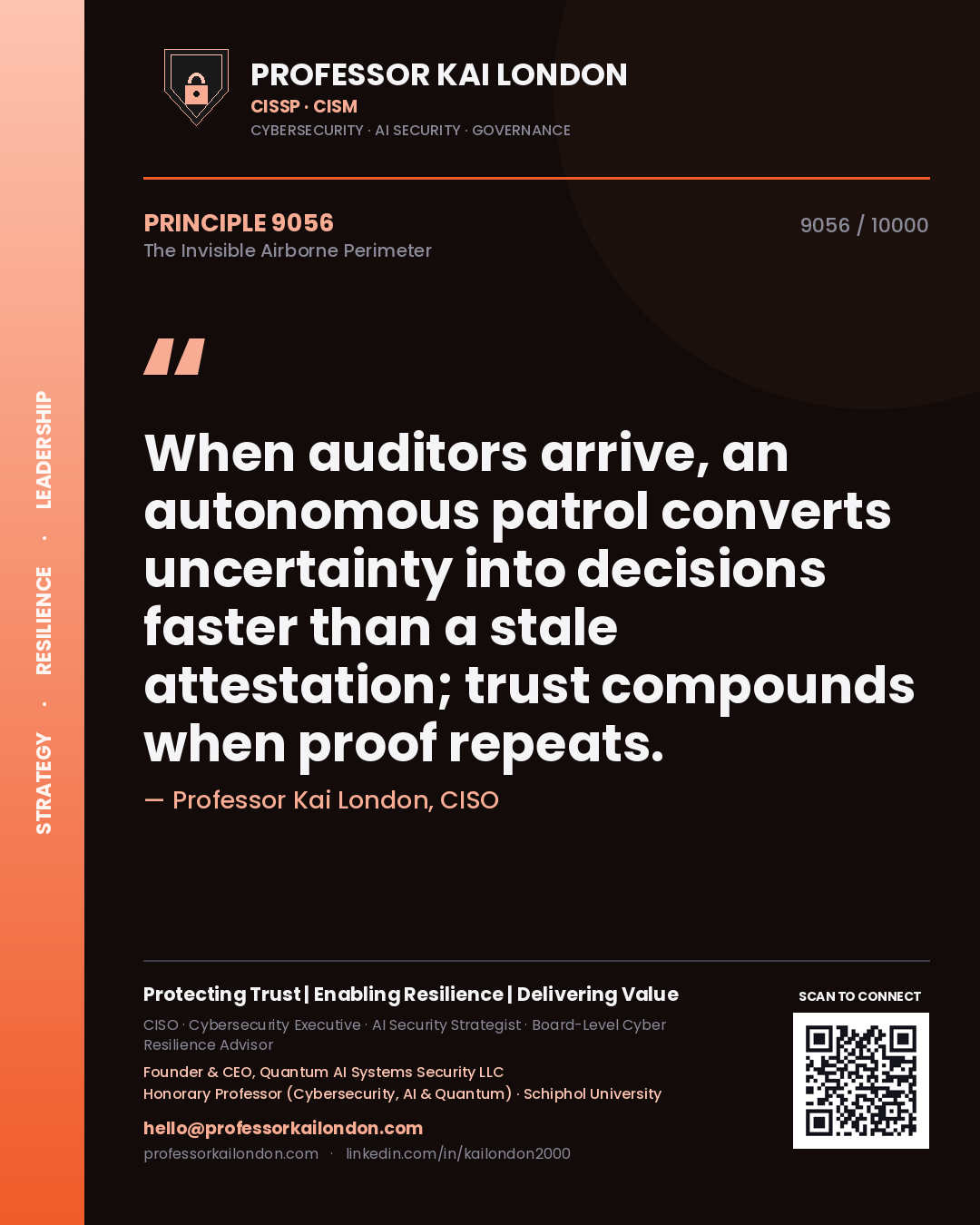 Professor Kai London principle 9056: When auditors arrive, an autonomous patrol converts uncertainty into decisions faster than a stale attestation; trust compounds when proof repeats.