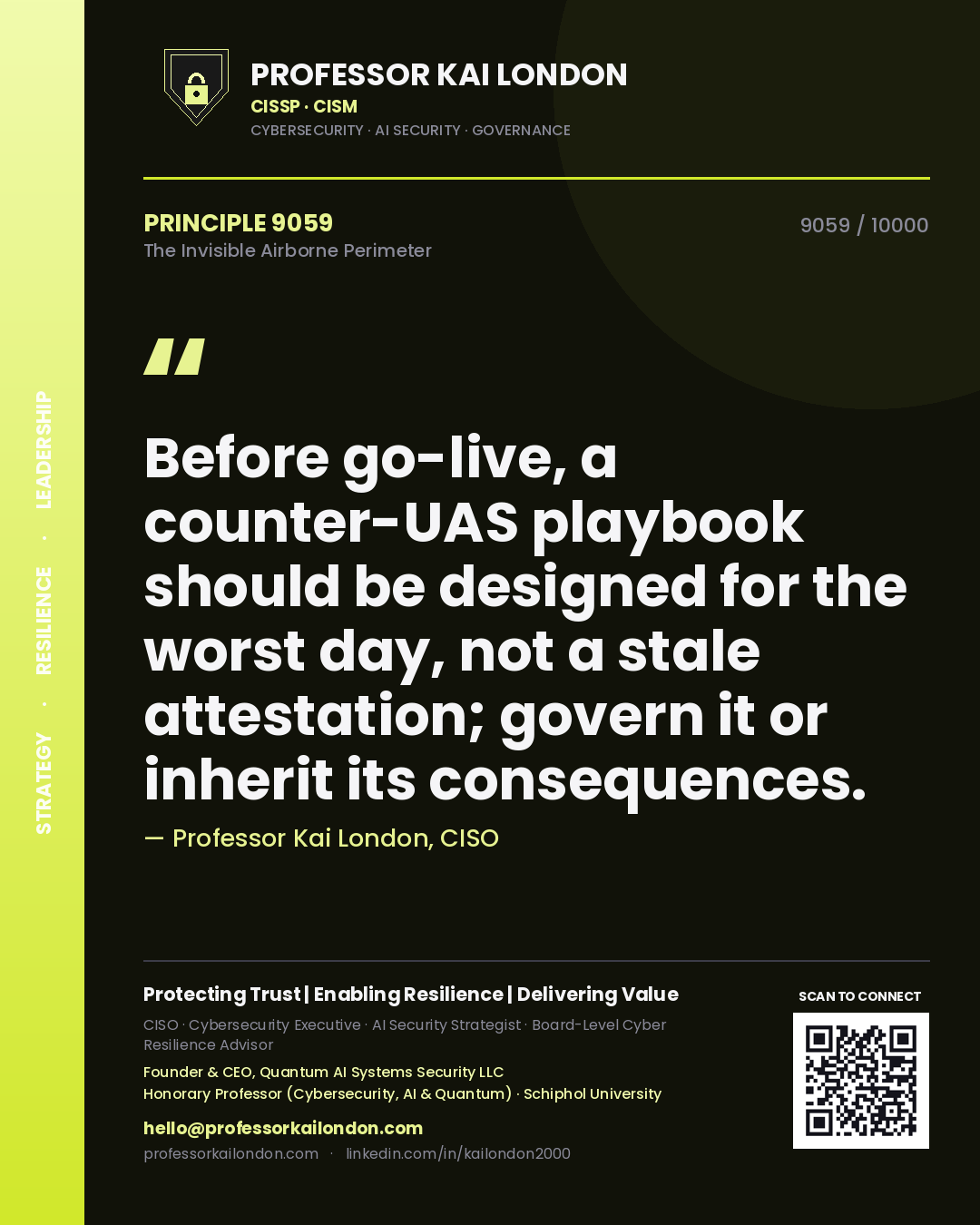 Professor Kai London principle 9059: Before go-live, a counter-UAS playbook should be designed for the worst day, not a stale attestation; govern it or inherit its consequences.