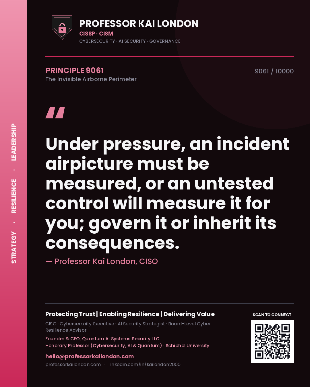 Quote card by Professor Kai London reading 'Under pressure, an incident airpicture must be measured, or an untested control will measure it for you; govern it or inherit its consequences.'. From the book The Invisible Airborne Perimeter.