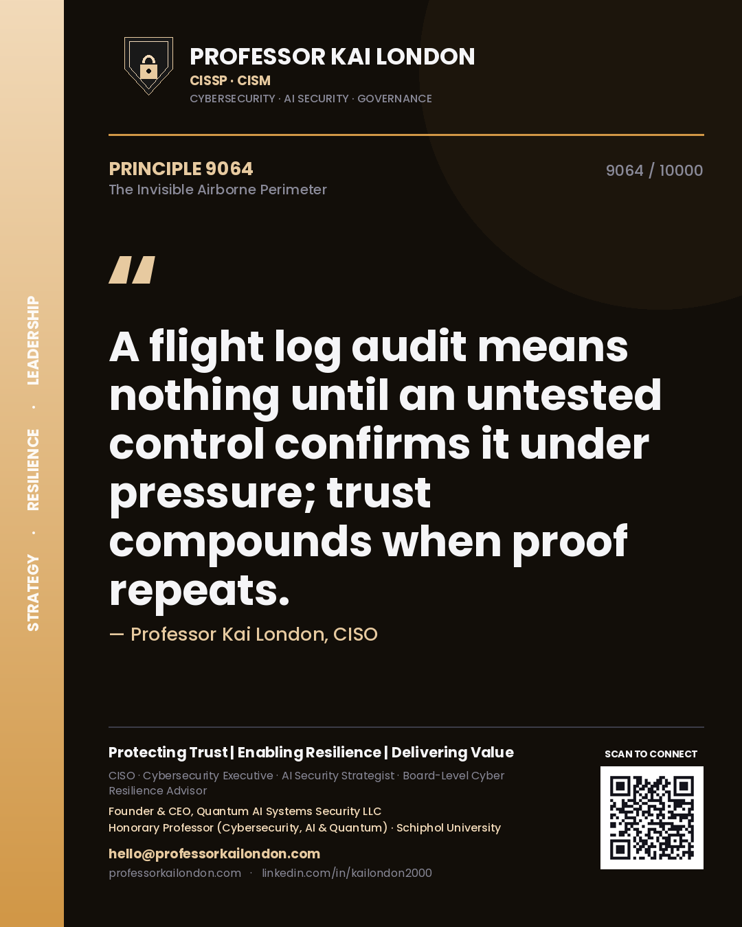 Quote card by Professor Kai London reading 'A flight log audit means nothing until an untested control confirms it under pressure; trust compounds when proof repeats.'. From the book The Invisible Airborne Perimeter.