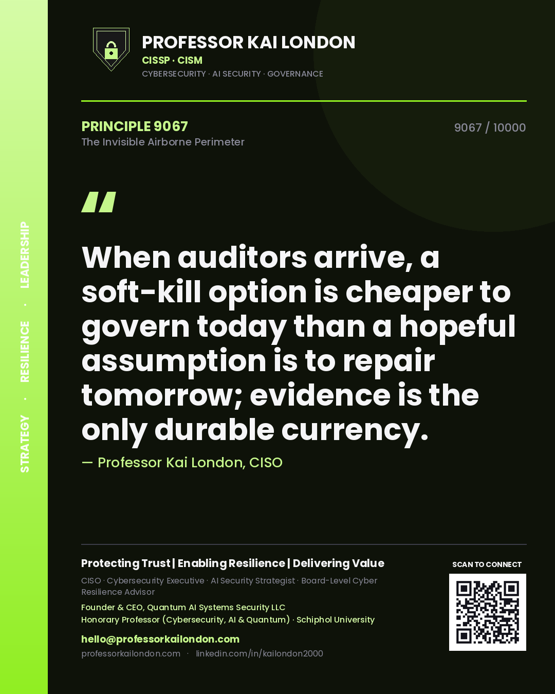 Quote card by Professor Kai London reading 'When auditors arrive, a soft-kill option is cheaper to govern today than a hopeful assumption is to repair tomorrow; evidence is the only durable currency.'. From the book The Invisible Airborne Perimeter.
