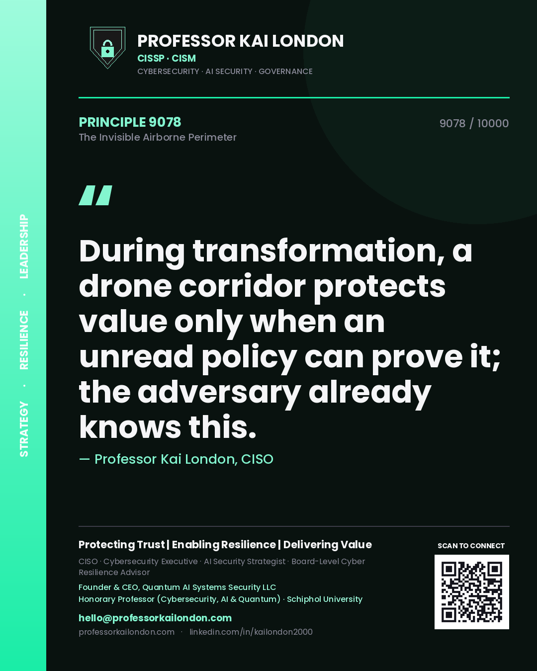 Quote card by Professor Kai London reading 'During transformation, a drone corridor protects value only when an unread policy can prove it; the adversary already knows this.'. From the book The Invisible Airborne Perimeter.