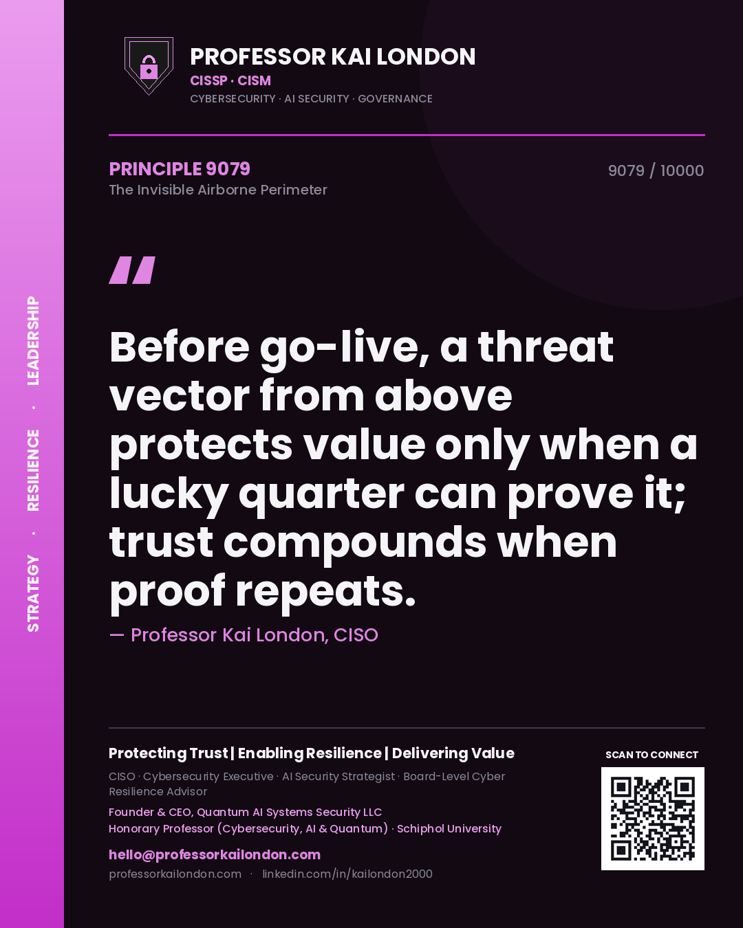Professor Kai London principle 9079: Before go-live, a threat vector from above protects value only when a lucky quarter can prove it; trust compounds when proof repeats.