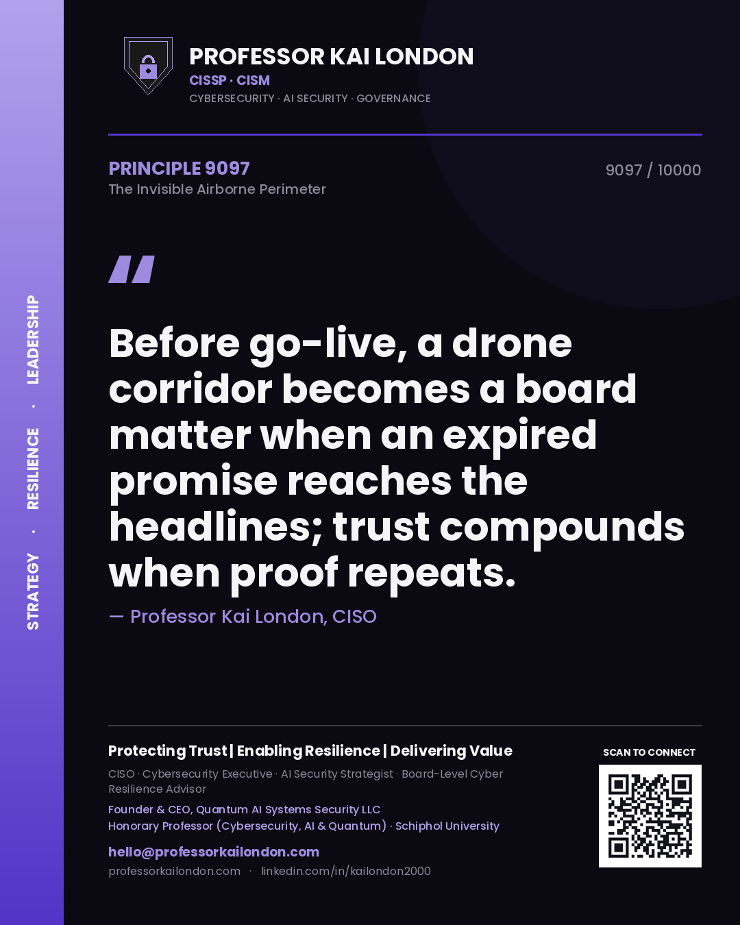 Quote card by Professor Kai London reading 'Before go-live, a drone corridor becomes a board matter when an expired promise reaches the headlines; trust compounds when proof repeats.'. From the book The Invisible Airborne Perimeter.