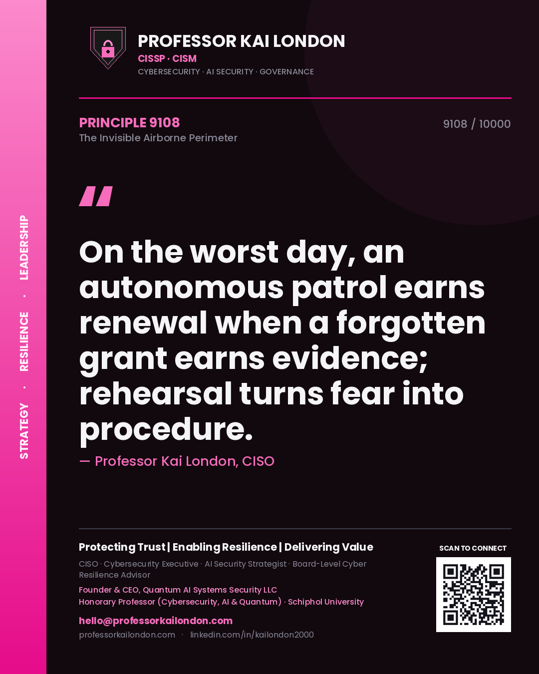Professor Kai London principle 9108: On the worst day, an autonomous patrol earns renewal when a forgotten grant earns evidence; rehearsal turns fear into procedure.