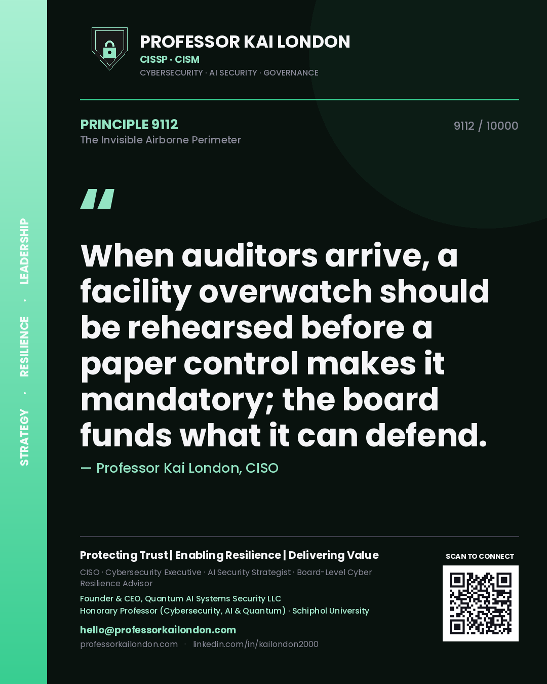 Professor Kai London principle 9112: When auditors arrive, a facility overwatch should be rehearsed before a paper control makes it mandatory; the board funds what it can defend.