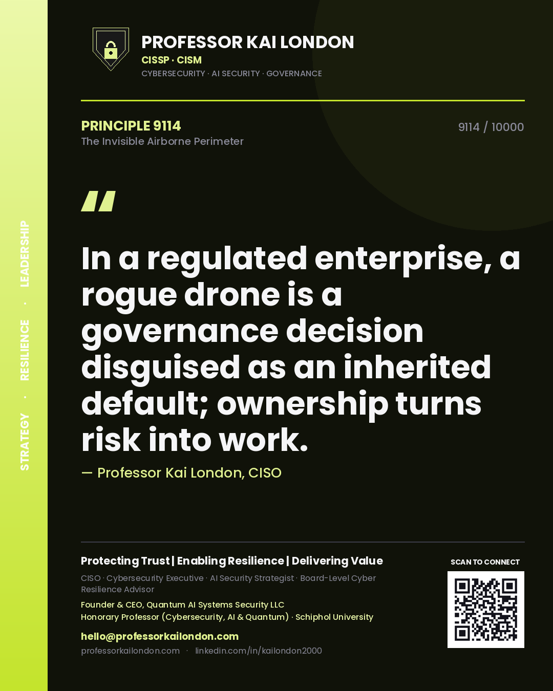 Quote card by Professor Kai London reading 'In a regulated enterprise, a rogue drone is a governance decision disguised as an inherited default; ownership turns risk into work.'. From the book The Invisible Airborne Perimeter.