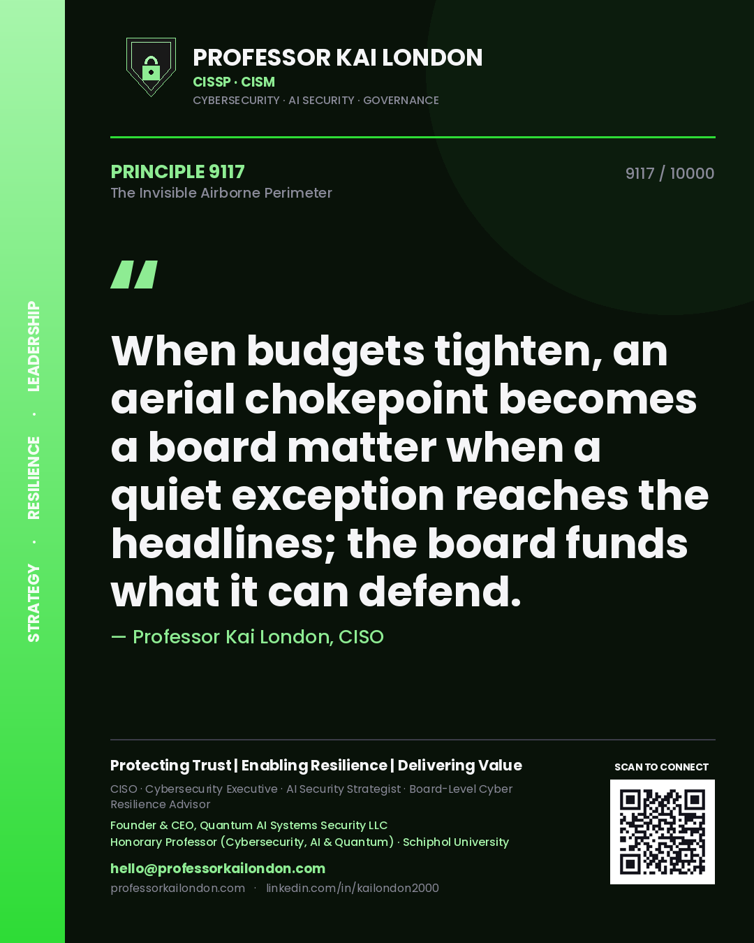 Quote card by Professor Kai London reading 'When budgets tighten, an aerial chokepoint becomes a board matter when a quiet exception reaches the headlines; the board funds what it can defend.'. From the book The Invisible Airborne Perimeter.