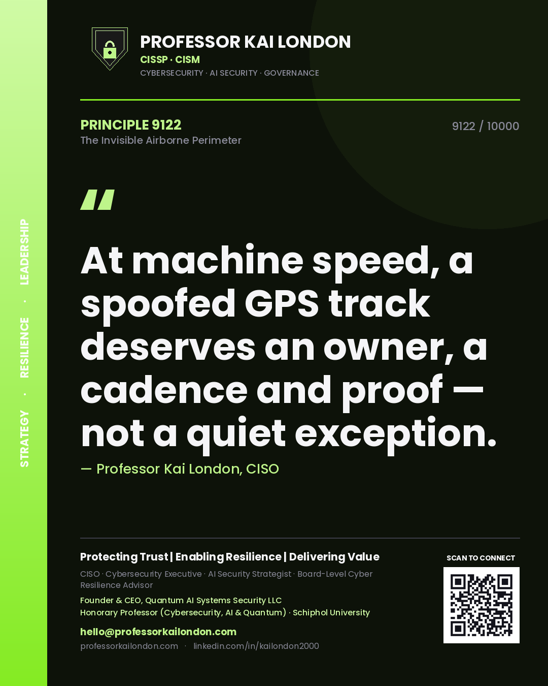 Quote card by Professor Kai London reading 'At machine speed, a spoofed GPS track deserves an owner, a cadence and proof — not a quiet exception.'. From the book The Invisible Airborne Perimeter.