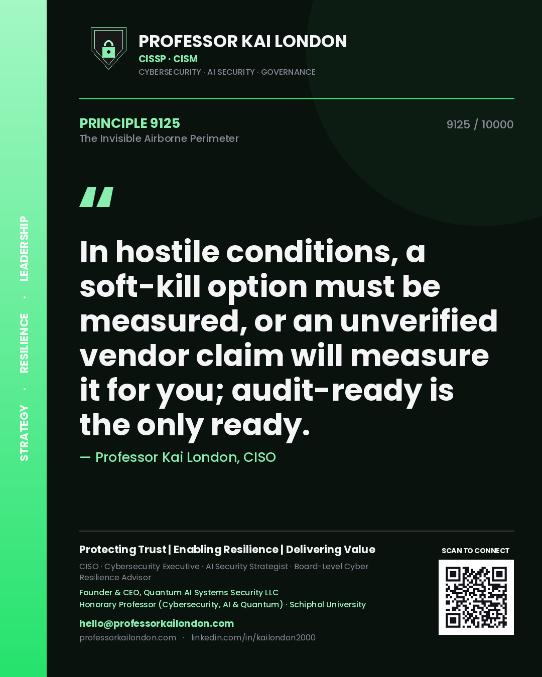 Professor Kai London principle 9125: In hostile conditions, a soft-kill option must be measured, or an unverified vendor claim will measure it for you; audit-ready is the only ready.