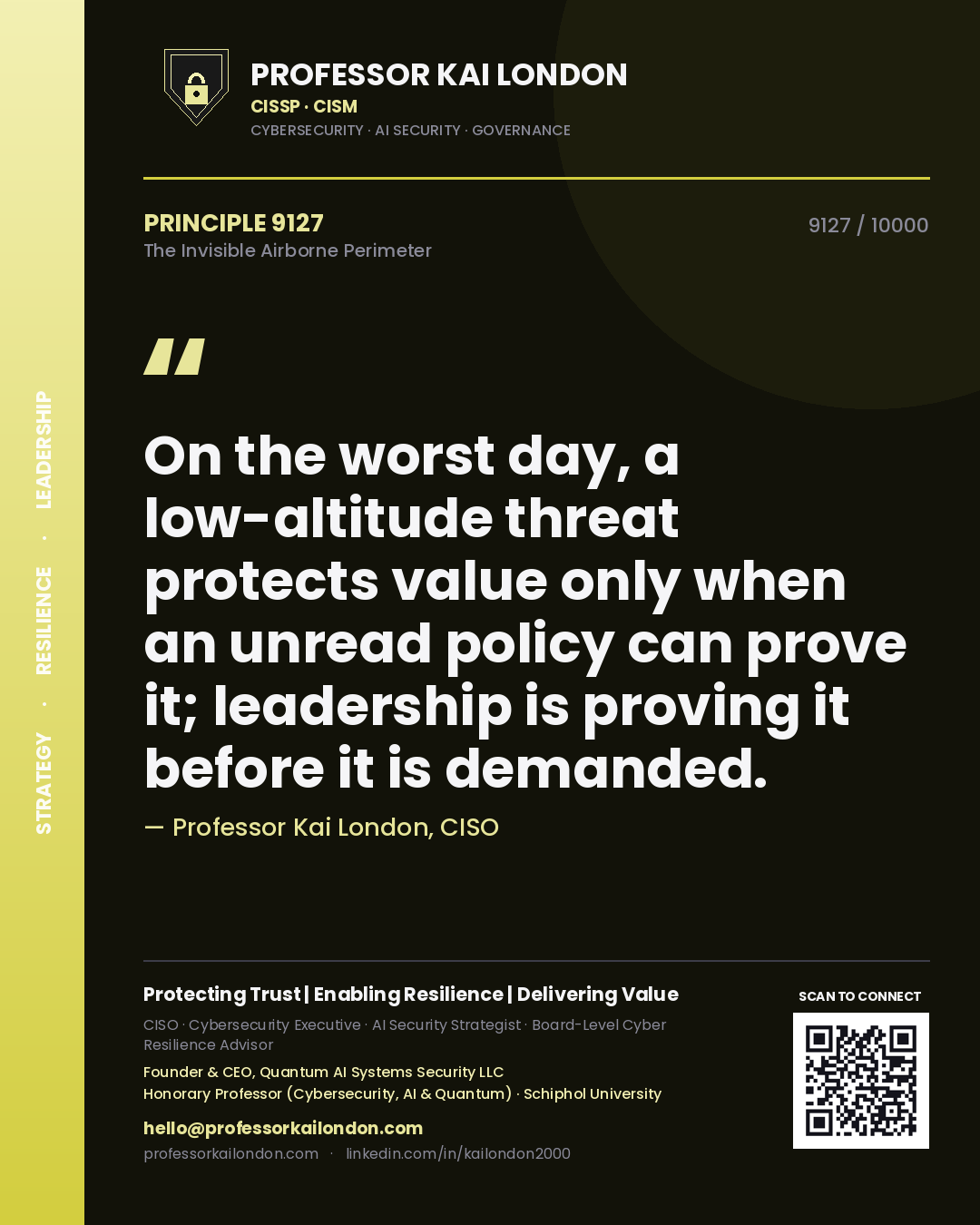 Quote card by Professor Kai London reading 'On the worst day, a low-altitude threat protects value only when an unread policy can prove it; leadership is proving it before it is demanded.'. From the book The Invisible Airborne Perimeter.