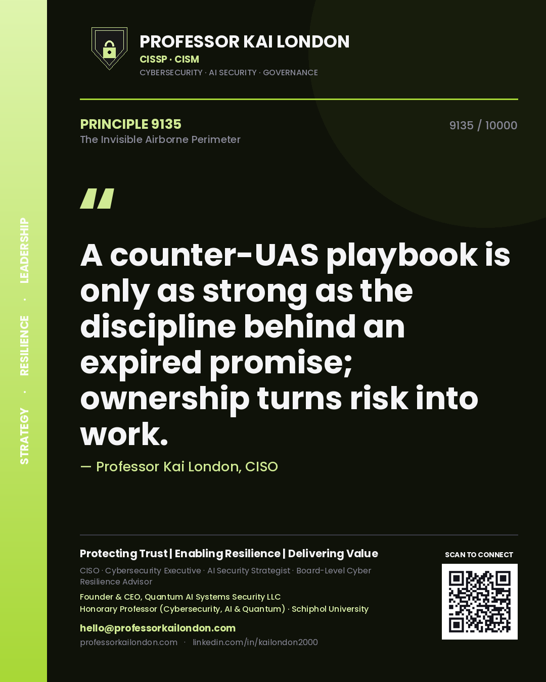 Professor Kai London principle 9135: A counter-UAS playbook is only as strong as the discipline behind an expired promise; ownership turns risk into work.