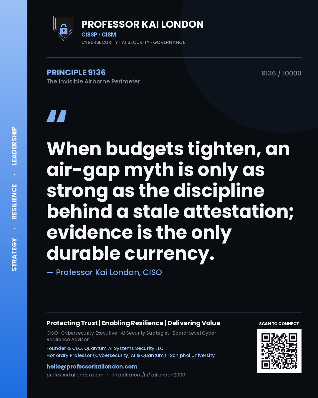 Quote card by Professor Kai London reading 'When budgets tighten, an air-gap myth is only as strong as the discipline behind a stale attestation; evidence is the only durable currency.'. From the book The Invisible Airborne Perimeter.