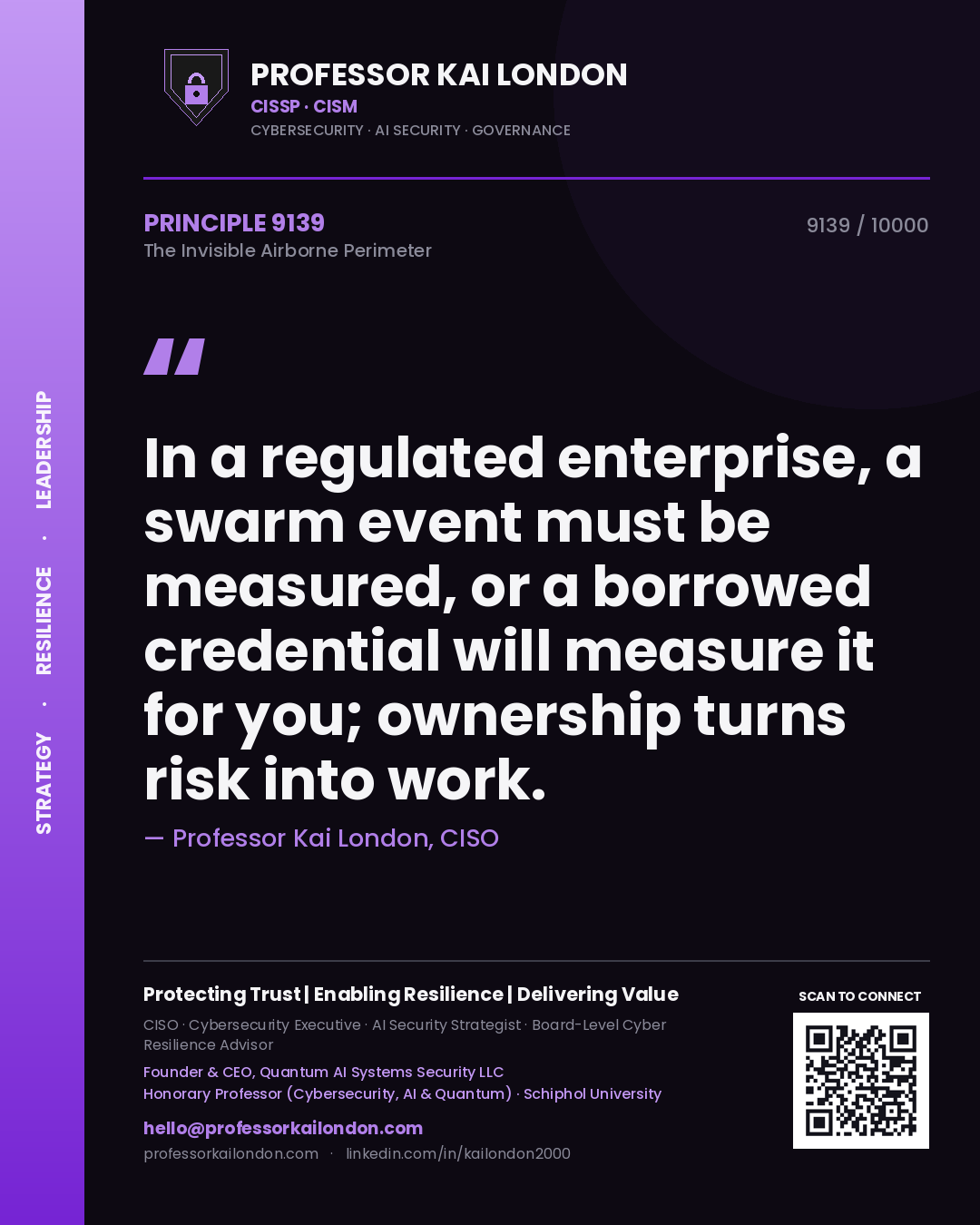 Professor Kai London principle 9139: In a regulated enterprise, a swarm event must be measured, or a borrowed credential will measure it for you; ownership turns risk into work.