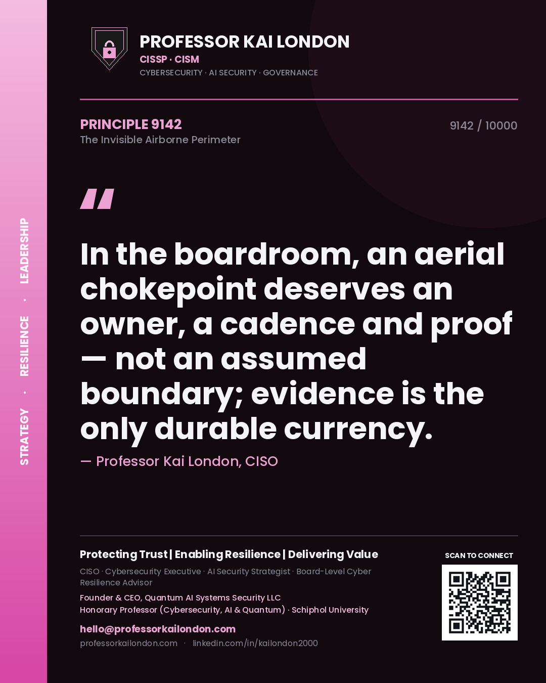 Quote card by Professor Kai London reading 'In the boardroom, an aerial chokepoint deserves an owner, a cadence and proof — not an assumed boundary; evidence is the only durable currency.'. From the book The Invisible Airborne Perimeter.