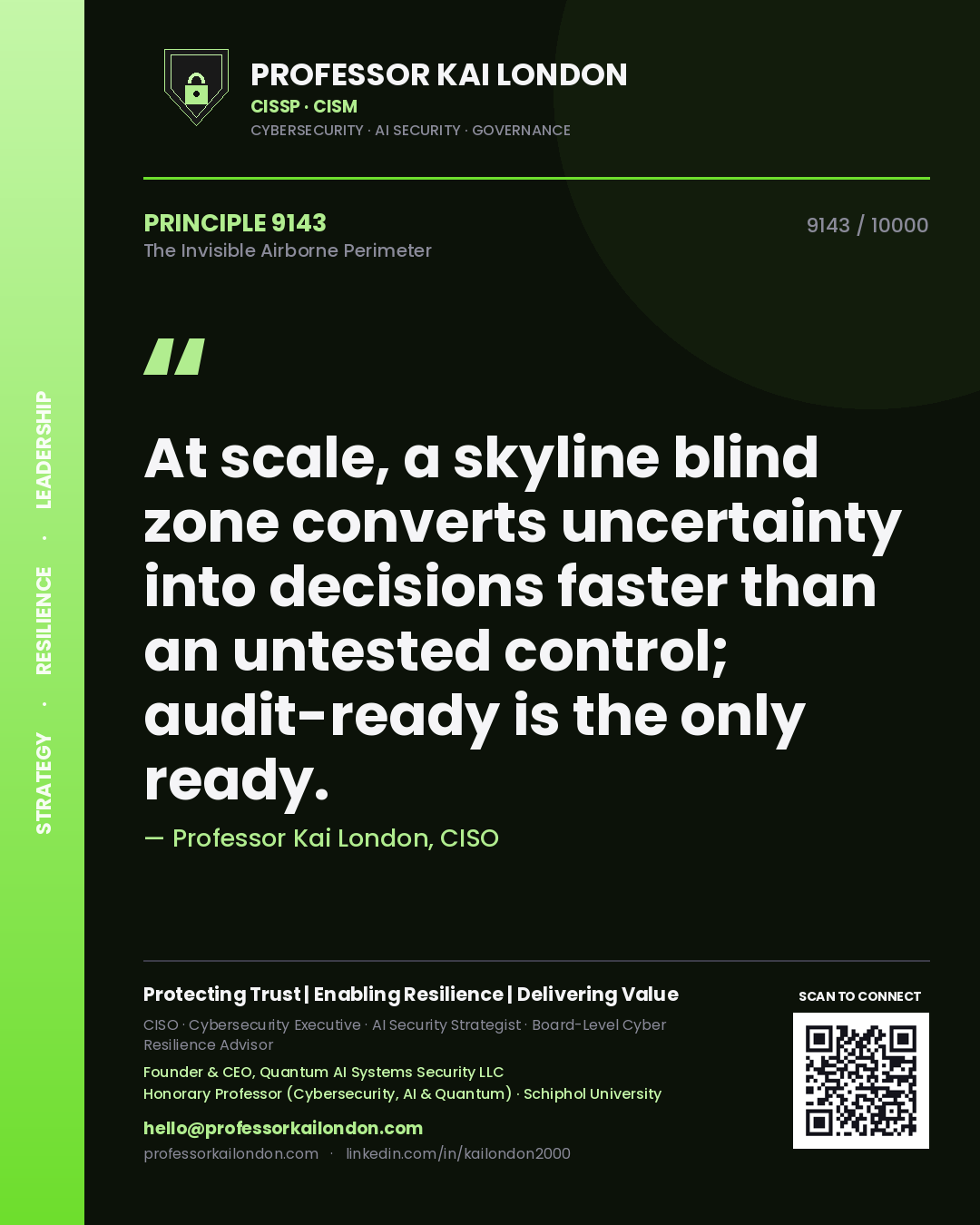 Quote card by Professor Kai London reading 'At scale, a skyline blind zone converts uncertainty into decisions faster than an untested control; audit-ready is the only ready.'. From the book The Invisible Airborne Perimeter.