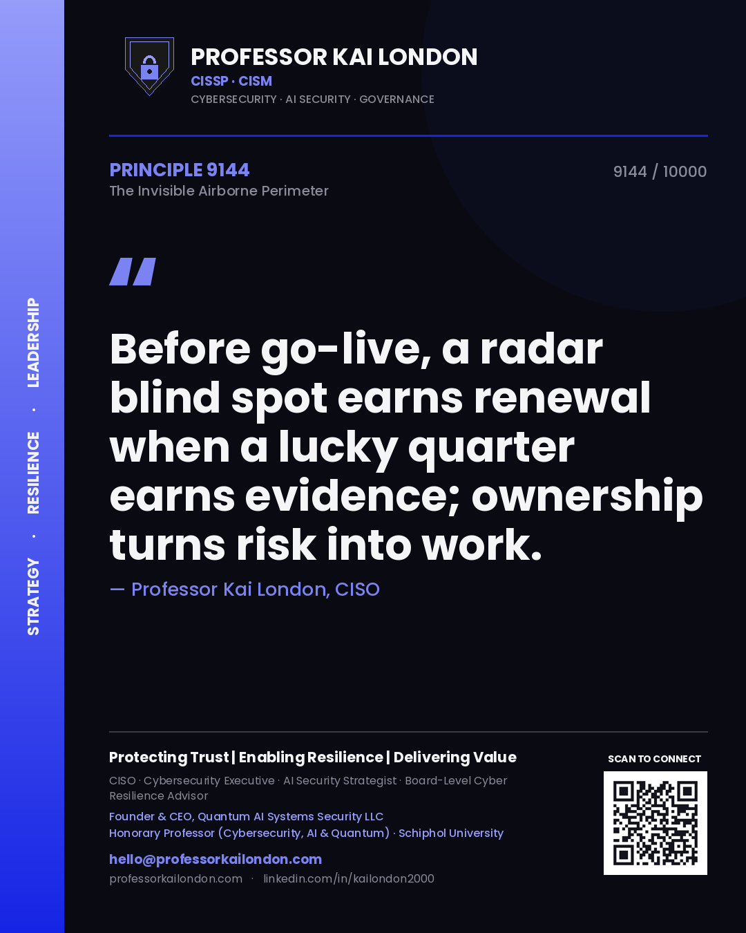 Professor Kai London principle 9144: Before go-live, a radar blind spot earns renewal when a lucky quarter earns evidence; ownership turns risk into work.