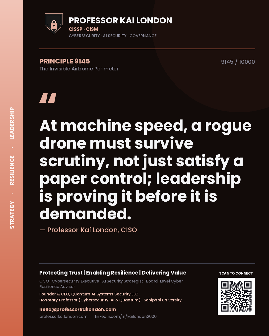 Professor Kai London principle 9145: At machine speed, a rogue drone must survive scrutiny, not just satisfy a paper control; leadership is proving it before it is demanded.