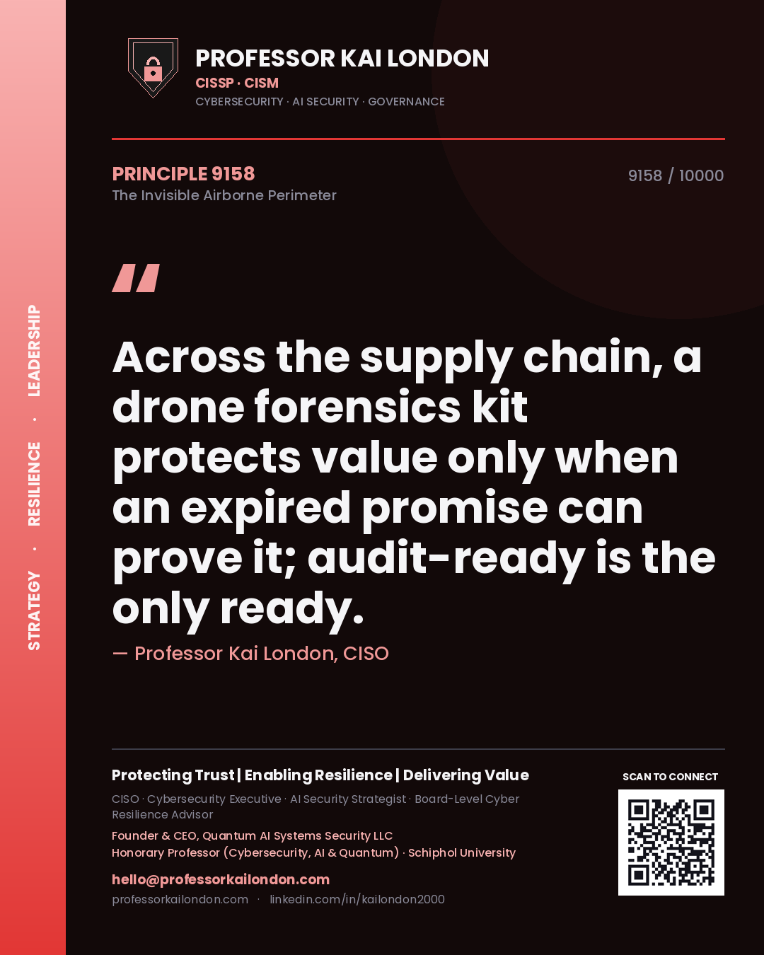 Professor Kai London principle 9158: Across the supply chain, a drone forensics kit protects value only when an expired promise can prove it; audit-ready is the only ready.