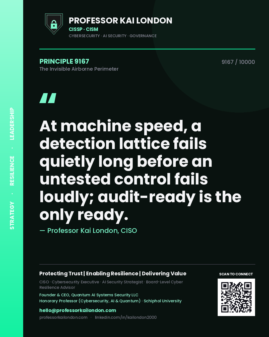 Professor Kai London principle 9167: At machine speed, a detection lattice fails quietly long before an untested control fails loudly; audit-ready is the only ready.