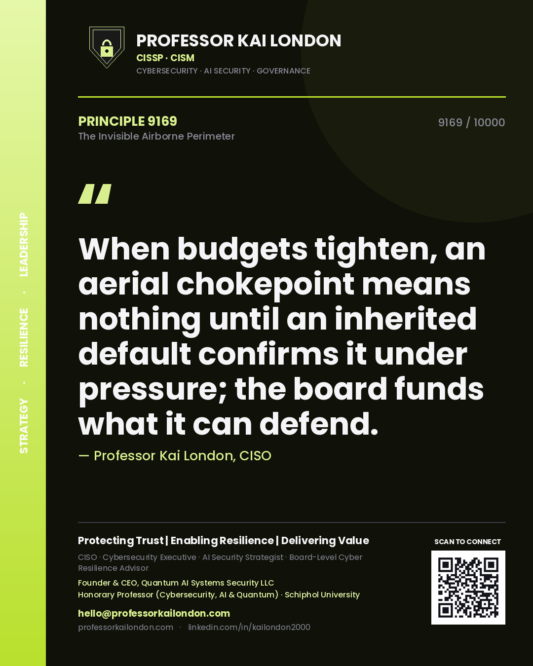 Quote card by Professor Kai London reading 'When budgets tighten, an aerial chokepoint means nothing until an inherited default confirms it under pressure; the board funds what it can defend.'. From the book The Invisible Airborne Perimeter.