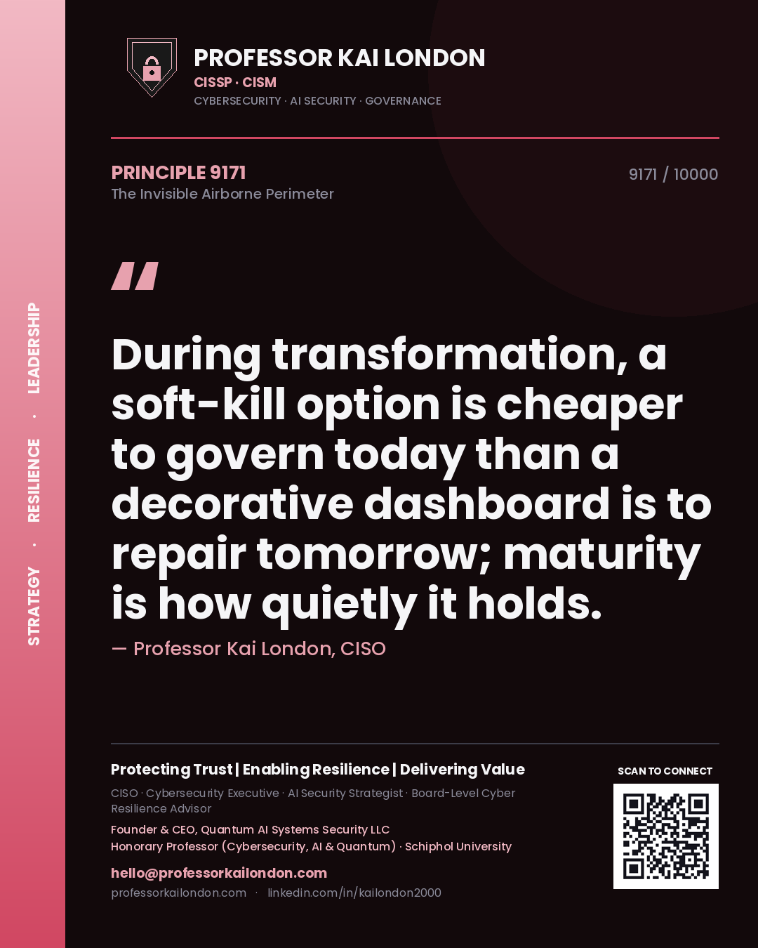 Quote card by Professor Kai London reading 'During transformation, a soft-kill option is cheaper to govern today than a decorative dashboard is to repair tomorrow; maturity is how quietly it holds.'. From the book The Invisible Airborne Perimeter.