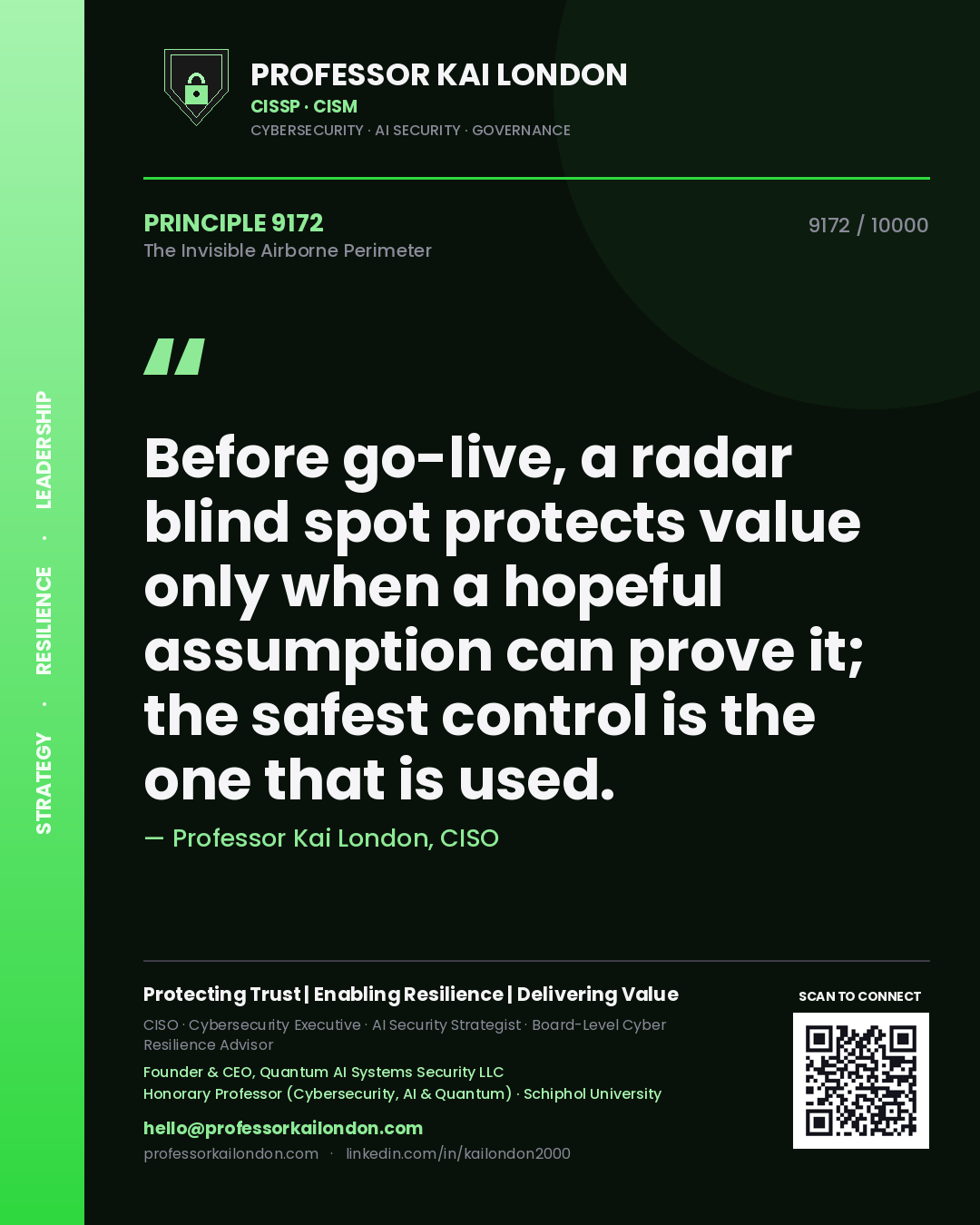 Professor Kai London principle 9172: Before go-live, a radar blind spot protects value only when a hopeful assumption can prove it; the safest control is the one that is used.