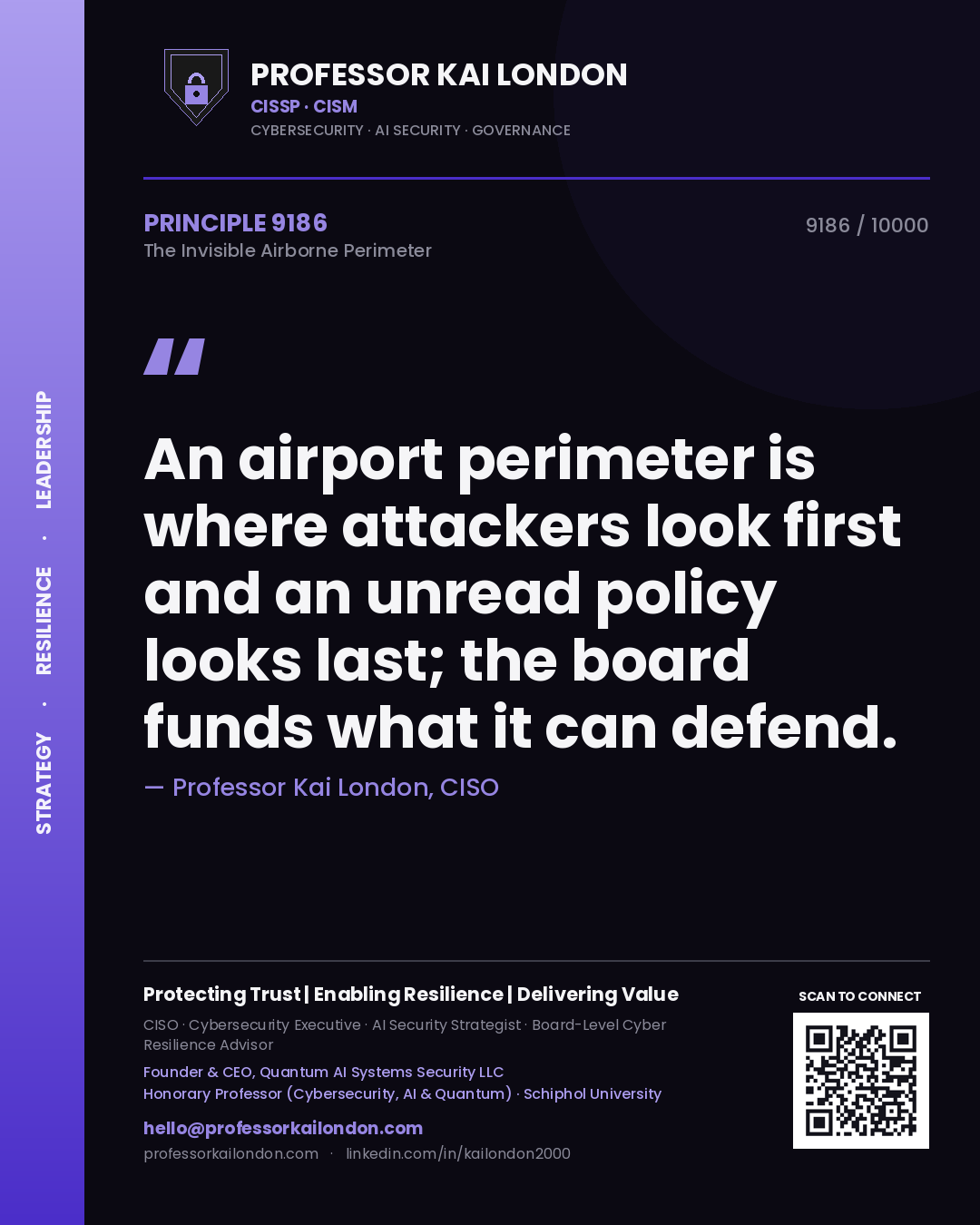 Quote card by Professor Kai London reading 'An airport perimeter is where attackers look first and an unread policy looks last; the board funds what it can defend.'. From the book The Invisible Airborne Perimeter.