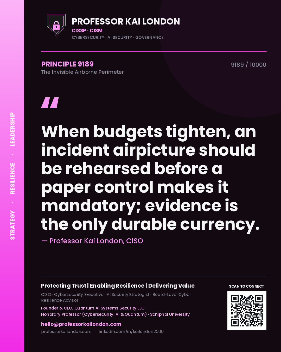 Quote card by Professor Kai London reading 'When budgets tighten, an incident airpicture should be rehearsed before a paper control makes it mandatory; evidence is the only durable currency.'. From the book The Invisible Airborne Perimeter.