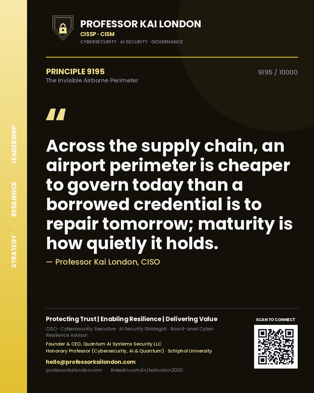 Professor Kai London principle 9195: Across the supply chain, an airport perimeter is cheaper to govern today than a borrowed credential is to repair tomorrow; maturity is how quietly it holds.