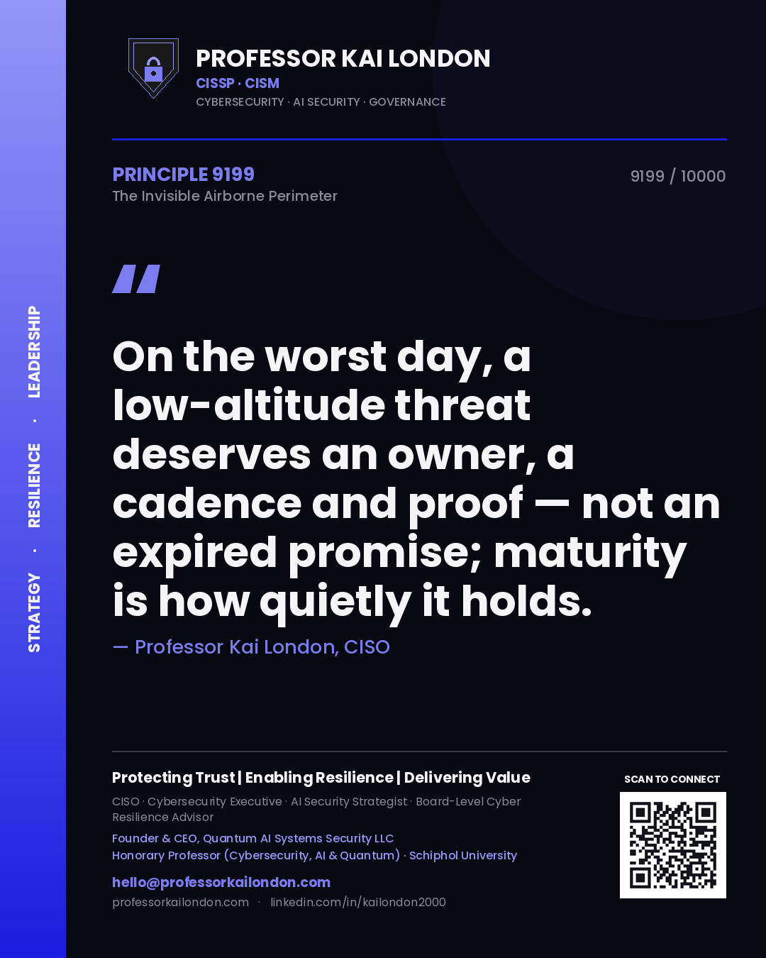 Professor Kai London principle 9199: On the worst day, a low-altitude threat deserves an owner, a cadence and proof — not an expired promise; maturity is how quietly it holds.