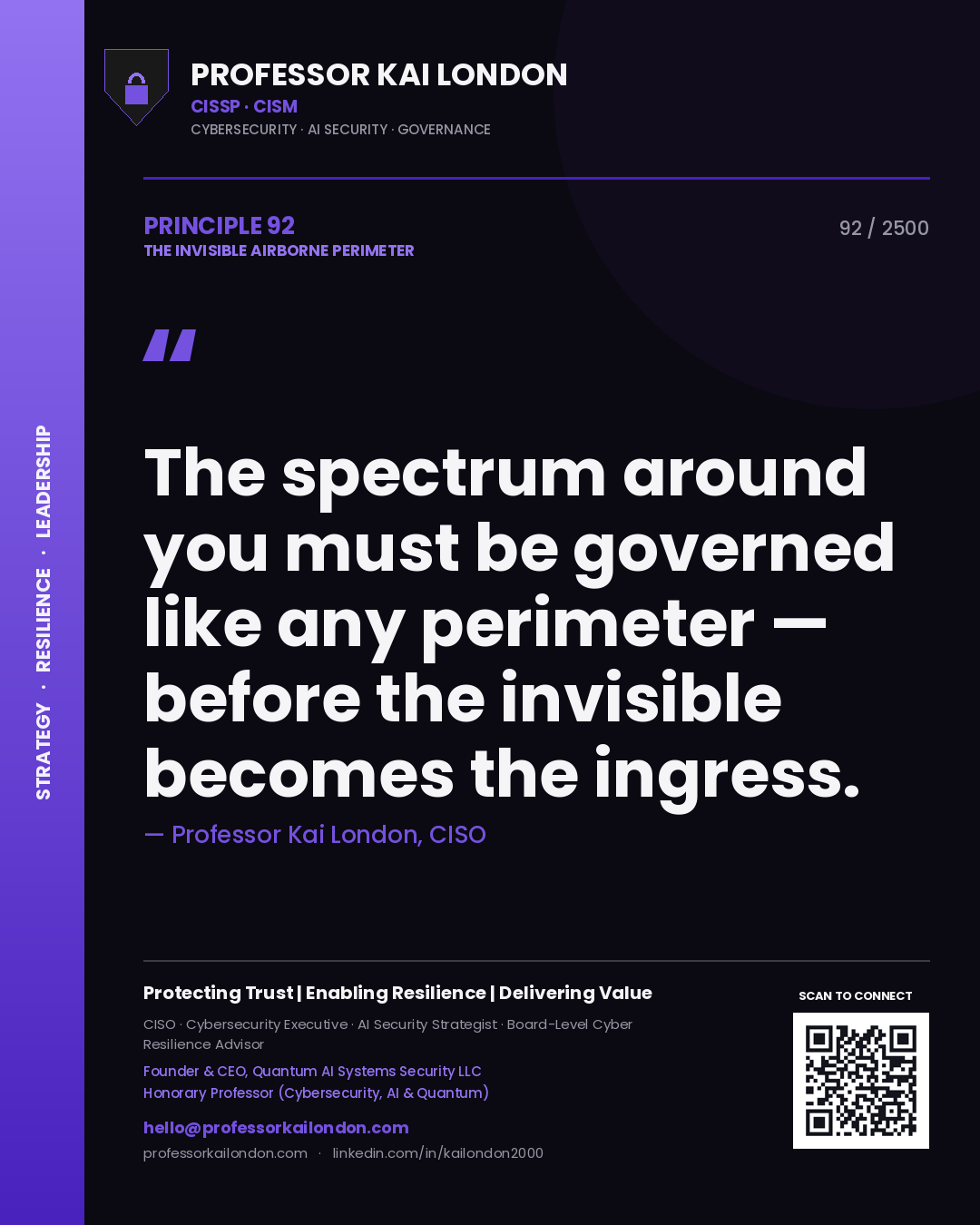 Quote card by Professor Kai London reading 'The spectrum around you must be governed like any perimeter — before the invisible becomes the ingress.'. From the book The Invisible Airborne Perimeter.