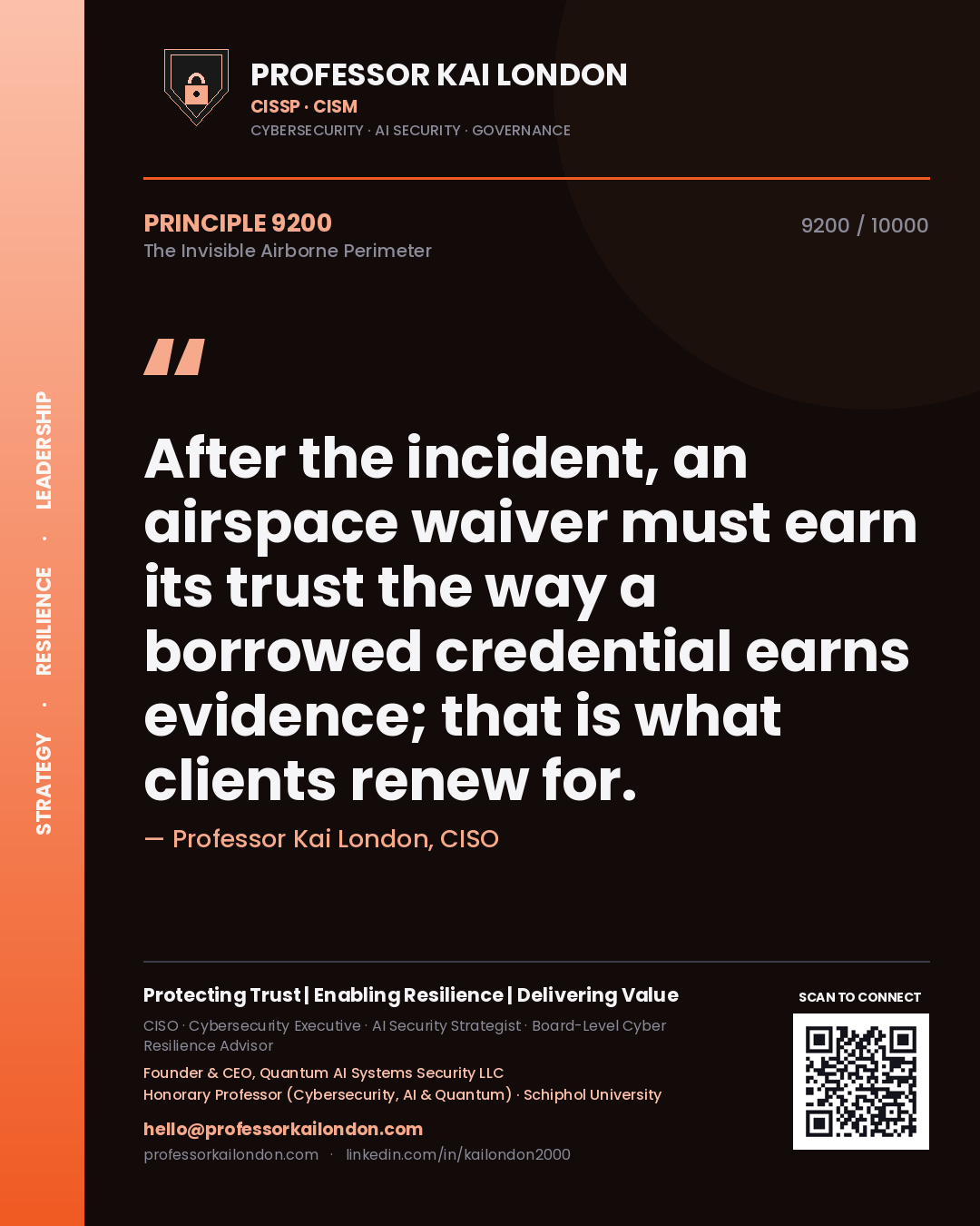 Quote card by Professor Kai London reading 'After the incident, an airspace waiver must earn its trust the way a borrowed credential earns evidence; that is what clients renew for.'. From the book The Invisible Airborne Perimeter.