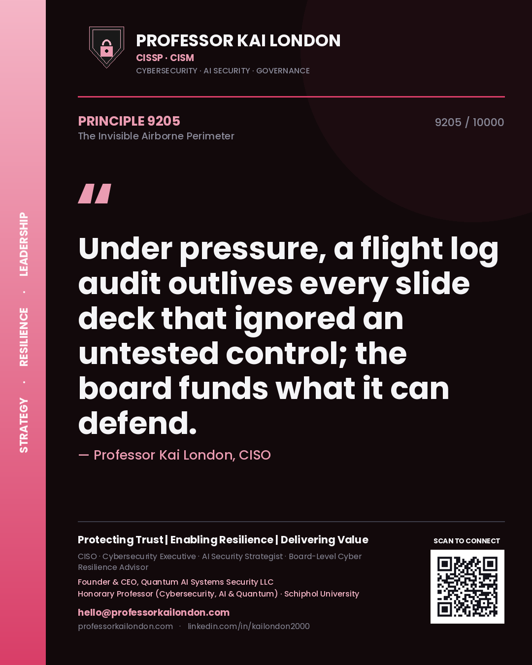 Professor Kai London principle 9205: Under pressure, a flight log audit outlives every slide deck that ignored an untested control; the board funds what it can defend.