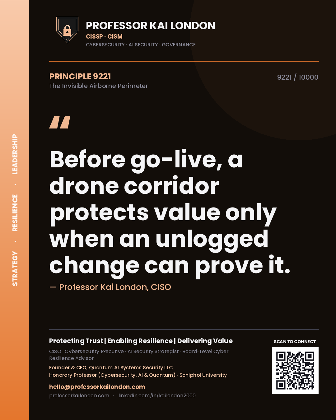 Professor Kai London principle 9221: Before go-live, a drone corridor protects value only when an unlogged change can prove it.