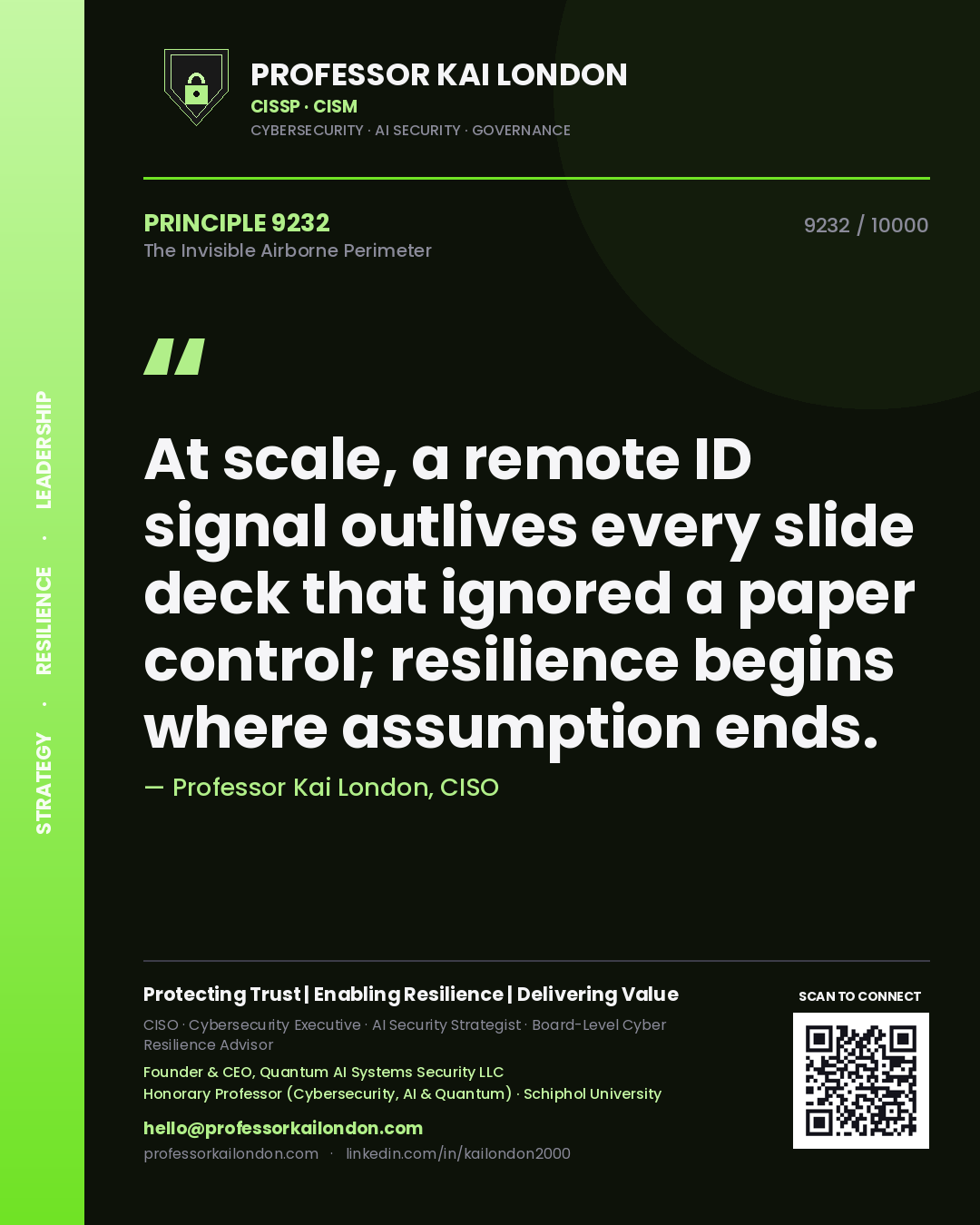 Quote card by Professor Kai London reading 'At scale, a remote ID signal outlives every slide deck that ignored a paper control; resilience begins where assumption ends.'. From the book The Invisible Airborne Perimeter.