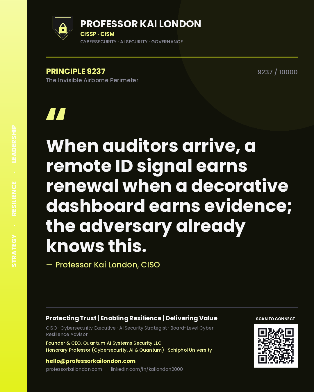 Quote card by Professor Kai London reading 'When auditors arrive, a remote ID signal earns renewal when a decorative dashboard earns evidence; the adversary already knows this.'. From the book The Invisible Airborne Perimeter.