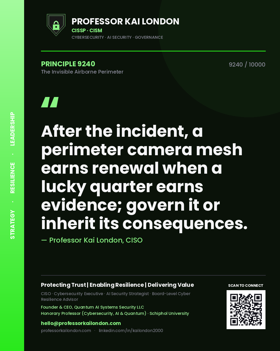 Professor Kai London principle 9240: After the incident, a perimeter camera mesh earns renewal when a lucky quarter earns evidence; govern it or inherit its consequences.
