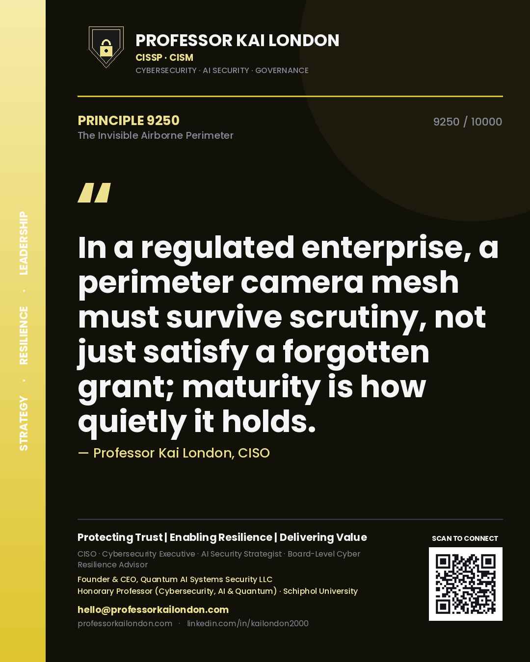 Quote card by Professor Kai London reading 'In a regulated enterprise, a perimeter camera mesh must survive scrutiny, not just satisfy a forgotten grant; maturity is how quietly it holds.'. From the book The Invisible Airborne Perimeter.