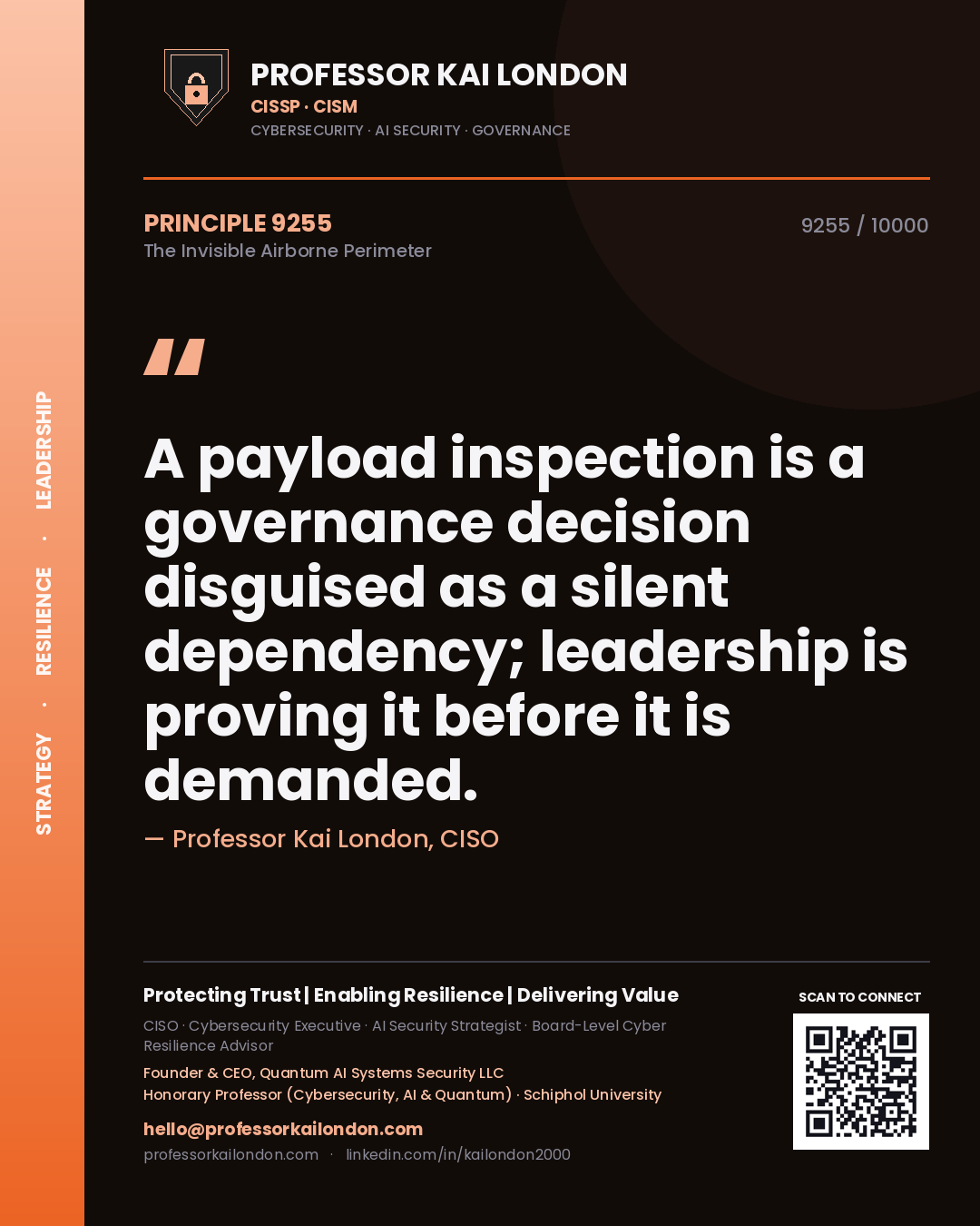 Quote card by Professor Kai London reading 'A payload inspection is a governance decision disguised as a silent dependency; leadership is proving it before it is demanded.'. From the book The Invisible Airborne Perimeter.