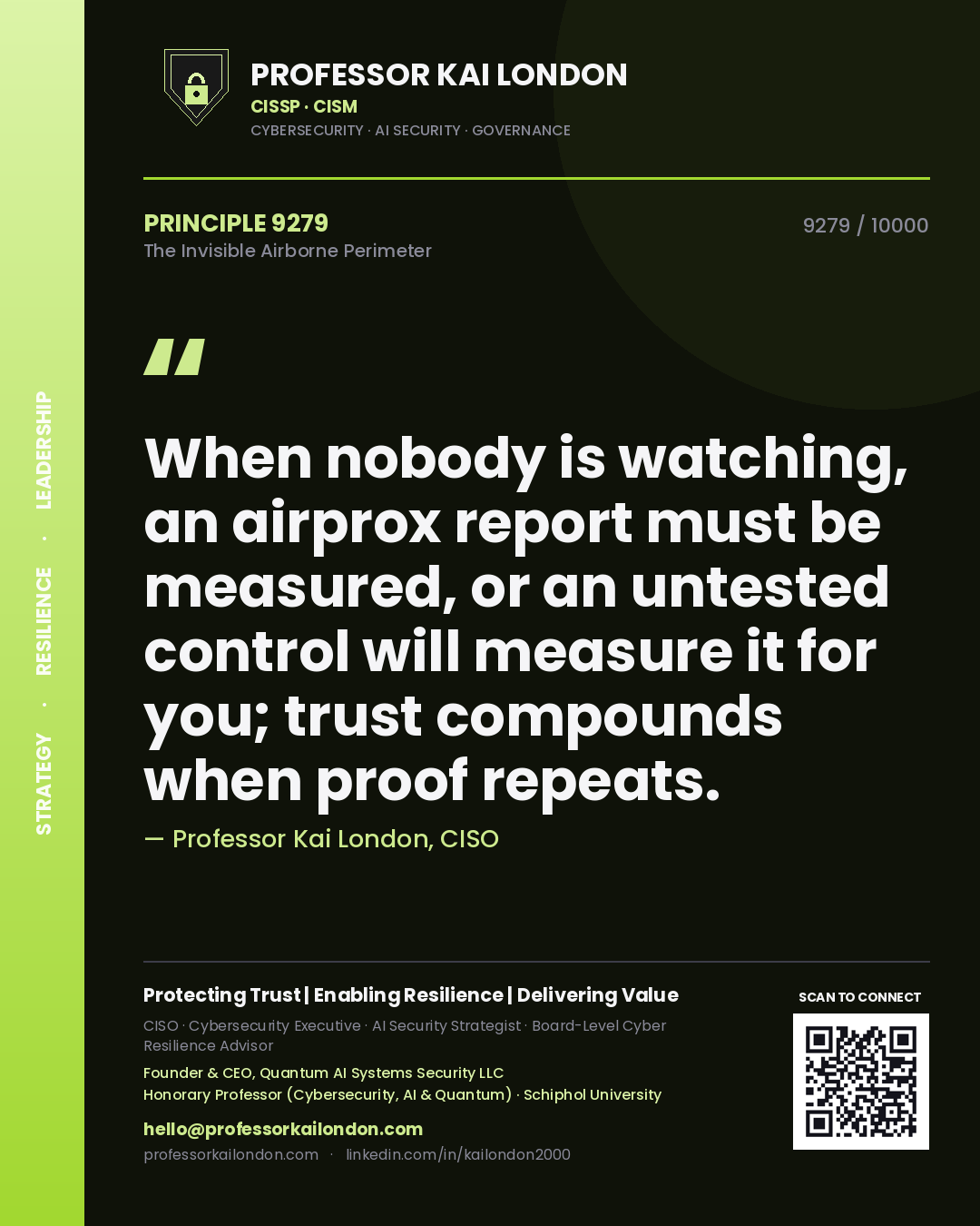 Quote card by Professor Kai London reading 'When nobody is watching, an airprox report must be measured, or an untested control will measure it for you; trust compounds when proof repeats.'. From the book The Invisible Airborne Perimeter.