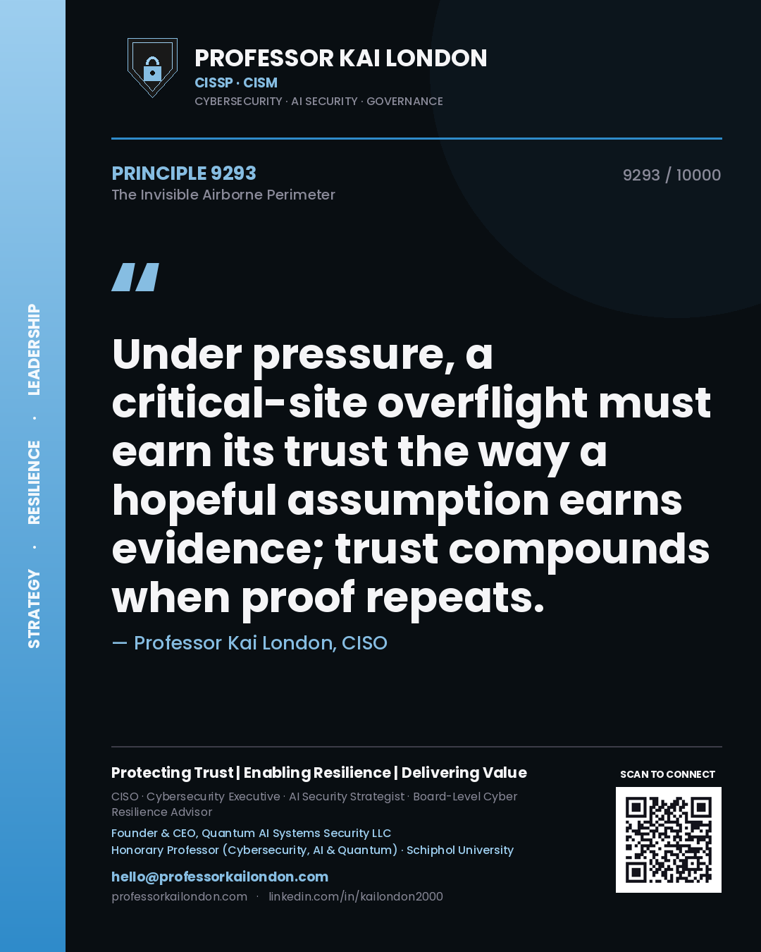 Quote card by Professor Kai London reading 'Under pressure, a critical-site overflight must earn its trust the way a hopeful assumption earns evidence; trust compounds when proof repeats.'. From the book The Invisible Airborne Perimeter.