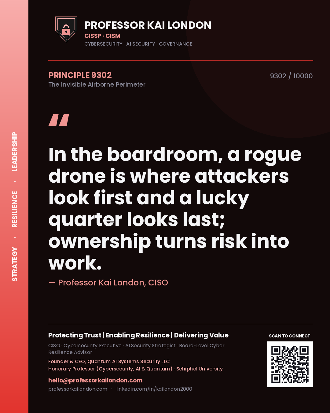 Professor Kai London principle 9302: In the boardroom, a rogue drone is where attackers look first and a lucky quarter looks last; ownership turns risk into work.