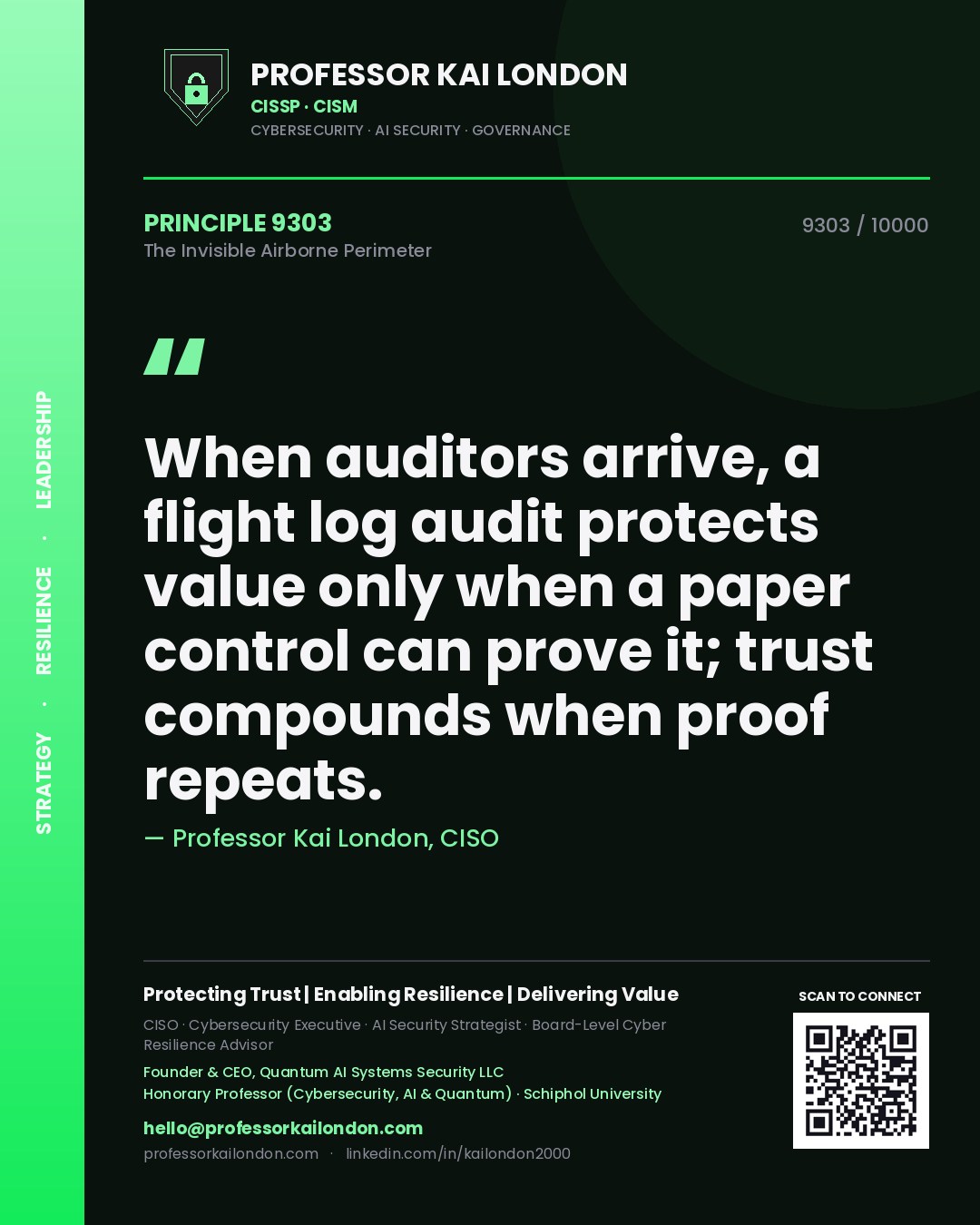 Quote card by Professor Kai London reading 'When auditors arrive, a flight log audit protects value only when a paper control can prove it; trust compounds when proof repeats.'. From the book The Invisible Airborne Perimeter.