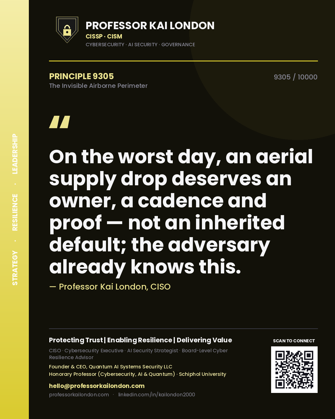 Quote card by Professor Kai London reading 'On the worst day, an aerial supply drop deserves an owner, a cadence and proof — not an inherited default; the adversary already knows this.'. From the book The Invisible Airborne Perimeter.