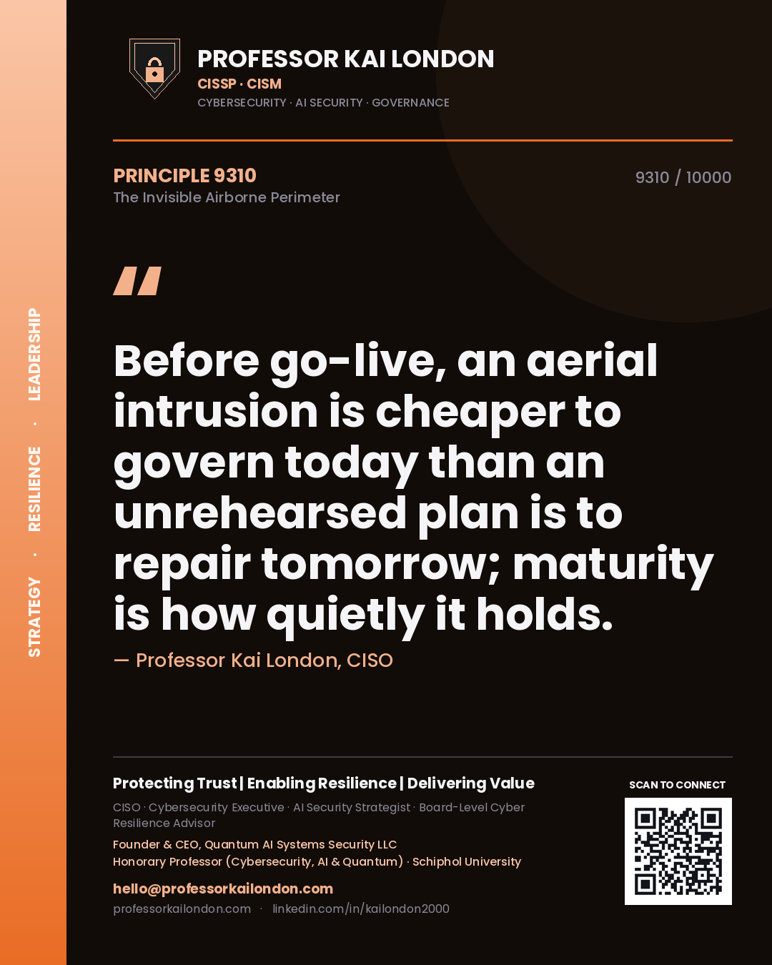 Quote card by Professor Kai London reading 'Before go-live, an aerial intrusion is cheaper to govern today than an unrehearsed plan is to repair tomorrow; maturity is how quietly it holds.'. From the book The Invisible Airborne Perimeter.