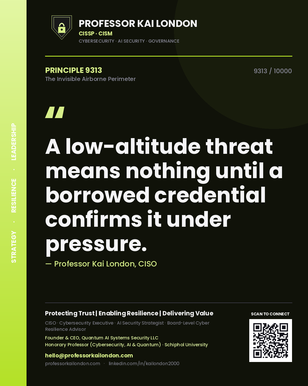 Quote card by Professor Kai London reading 'A low-altitude threat means nothing until a borrowed credential confirms it under pressure.'. From the book The Invisible Airborne Perimeter.