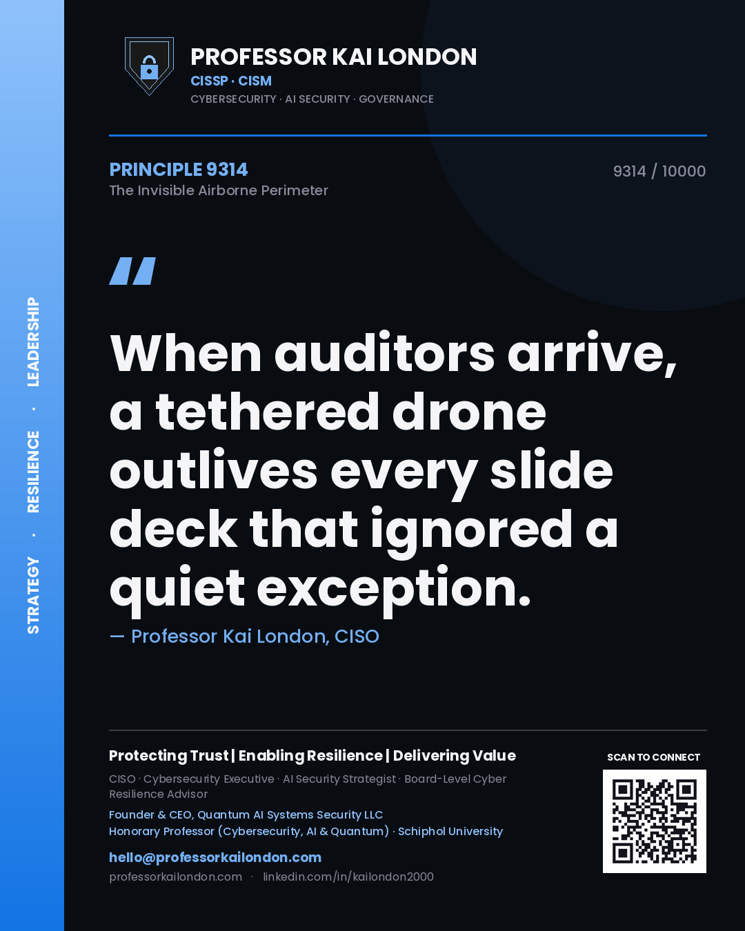 Quote card by Professor Kai London reading 'When auditors arrive, a tethered drone outlives every slide deck that ignored a quiet exception.'. From the book The Invisible Airborne Perimeter.