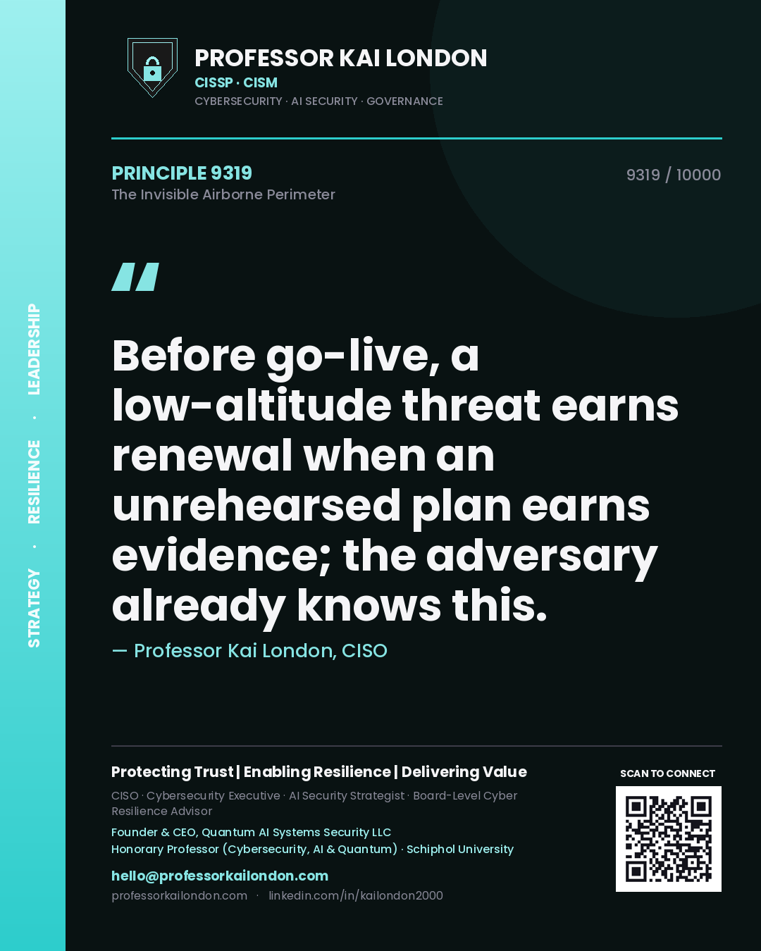 Quote card by Professor Kai London reading 'Before go-live, a low-altitude threat earns renewal when an unrehearsed plan earns evidence; the adversary already knows this.'. From the book The Invisible Airborne Perimeter.