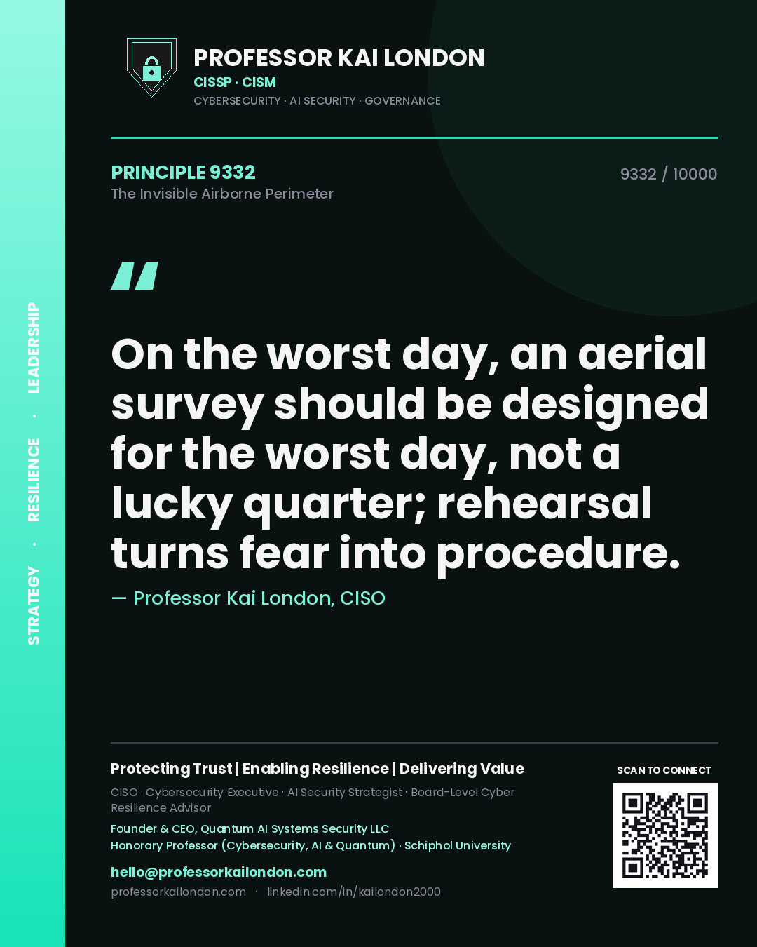 Professor Kai London principle 9332: On the worst day, an aerial survey should be designed for the worst day, not a lucky quarter; rehearsal turns fear into procedure.